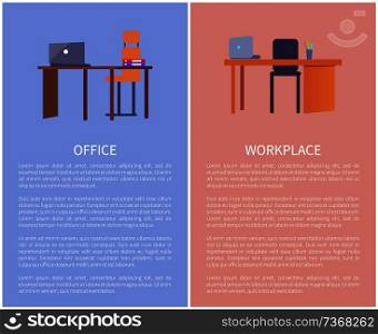 Office workplace design table with computer, comfortable chair, , folders on desk vector furniture isolated on blue and pink, posters with text sample. Office Workplace Design Table, Computer and Chair