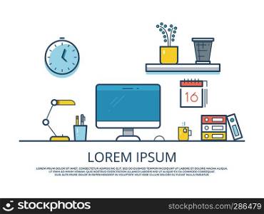 Office workplace elemens on white backdrop. Computer on table, vector illustration. Office work place elements