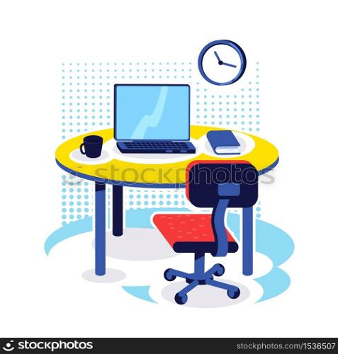 Office workplace flat color vector object. Desk with computer. Corporate job. PC monitor on table. Home work place. Workspace isolated cartoon illustration for web graphic design and animation. Office workplace flat color vector object