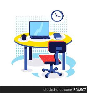 Office workplace flat color vector object. Desk with computer. Corporate job. PC monitor on table. Home work place. Workspace isolated cartoon illustration for web graphic design and animation. Office workplace flat color vector object