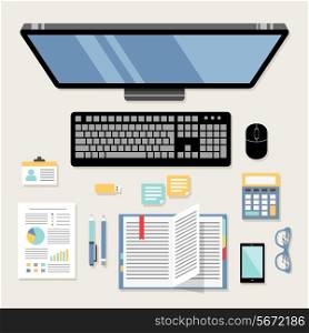 Office workplace flat set with computer id card notebook isolated vector illustration