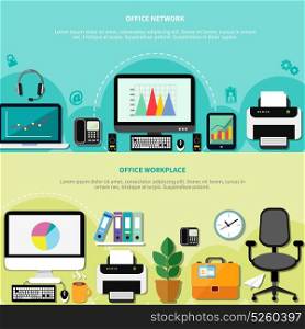 Office Workplace Horizontal Banners. Office workplace for network horizontal banners with computers peripherals and elements of interior flat vector illustration