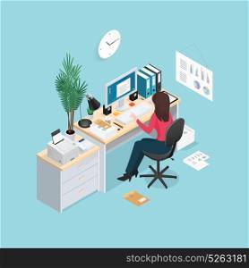 Office Workplace Isometric Composition. Colored 3d office workplace isometric composition with woman sitting at a computer vector illustration
