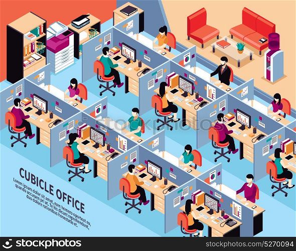 Office Workplace Isometric Vector Illustration . Office workplace isometric vector illustration with men and women working in cubicles at their desks vector illustration