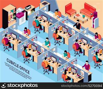 Office Workplace Isometric Vector Illustration . Office workplace isometric vector illustration with men and women working in cubicles at their desks vector illustration