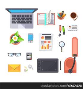 Office Workplace Objects Set. Office workplace top view objects set with laptop lamp and coffee flat isolated vector illustration