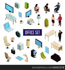 Office workplace personnel furniture computers tablets printer coffeemaker drawers clock lamps isometric icons collection isolated vector illustration . Office Isometric Set 