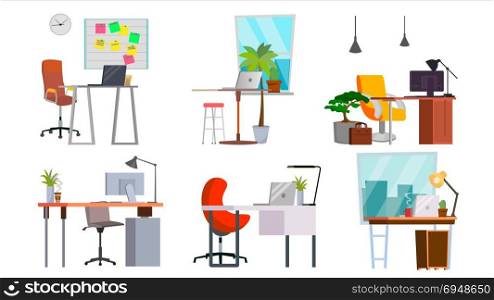 Office Workplace Set Vector. Interior Of The Office Room, Creative Developer Studio. PC, Computer, Laptop, Table, Chair. Isolated Flat Illustration. Office Workplace Set Vector. Interior Of The Office Room, Creative Developer Studio. PC, Computer, Laptop, Table, Chair. Isolated Illustration