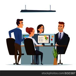 Office workplace team. Business managers male and female working and talking sitting table dialog of group people vector characters. Brainstorming in office, group team workspace illustration. Office workplace team. Business managers male and female working and talking sitting table dialog of group people vector characters
