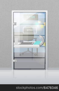 Office workplace through glossy glass door view flat vector. Entrance to the cabinet with table, computer on it and chair. Modern office interior design illustration for business concepts. Office Interior Through Glass Door Flat Vector. Office Interior Through Glass Door Flat Vector