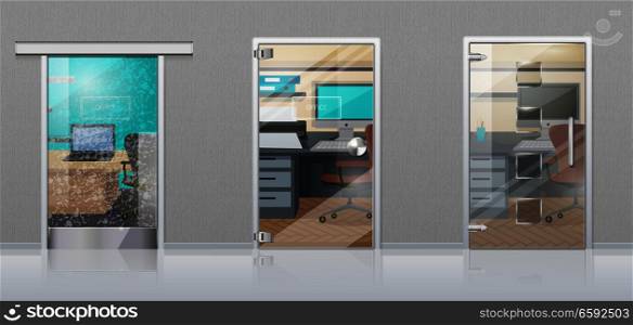 Office workplace through glossy glass door view flat vector. Entrance to the cabinet with table, computer on it and chair. Set of modern office interior design illustrations for business concepts. Office Interior Through Glass Door Flat Vector