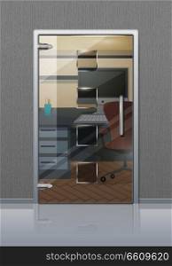 Office workplace through glossy glass door view flat vector. Entrance to the cabinet with table, computer on it and chair. Modern office interior design illustration for business concepts. Office Interior Through Glass Door Flat Vector