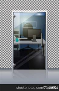 Office workplace through sliding glass door view flat vector. Entrance to the cabinet with table, laptop and chair. Modern office interior with transparent wall illustration for business concepts. Office Interior Through Glass Door Flat Vector