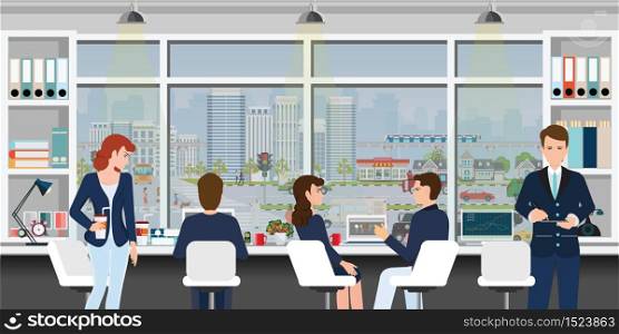 Office workplace with business people, co working, taking together in front of window with cityscape view outside vector illustration.