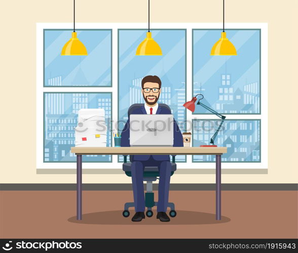 Office workplace with table, bookcase, window. Business man or a clerk working at her office desk. Vector illustration in flat style. Office workplace with table, bookcase, window.