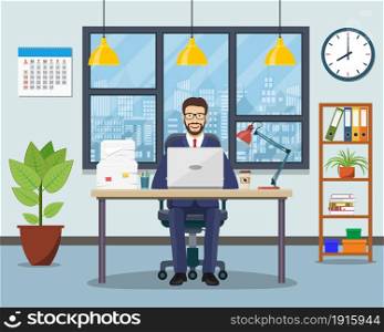 Office workplace with table, bookcase, window. Business man or a clerk working at her office desk. Vector illustration in flat style. Office workplace with table, bookcase, window.