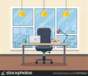 Office workplace with table, bookcase, window. Vector illustration in flat style. Office workplace with table, bookcase, window.