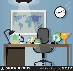 Office workplace with table chair lamp and world map on background flat design vector illustration