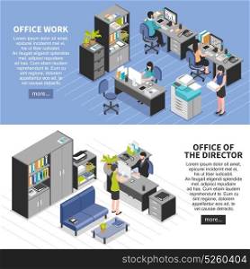 Office Workplaces Banners Set. Two horizontal workplace banners set with isometric office furniture machinery editable text and read more button vector illustration