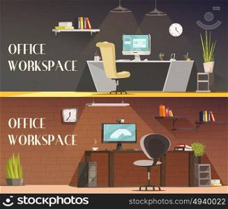 Office Workspace 2 Horizontal Cartoon Banners . Modern office workspace furniture and accessories cartoon vector banners set with desk lamps and cabinets vector isolated illustration