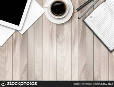 Office workspace - coffee, tablet, paper and some pens. Vector.