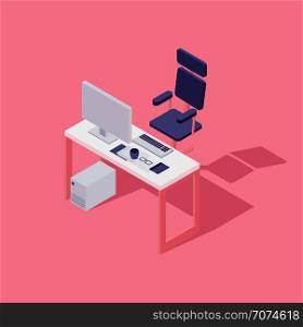 Office workspace. Computer, chair and some gadgets. Flat isometric vector illustration. Office workspace. Computer, chair. Flat isometric vector illustration