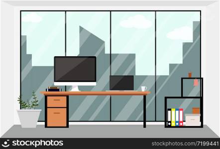 office workspace design interior illustration in flat. Business concept objects element