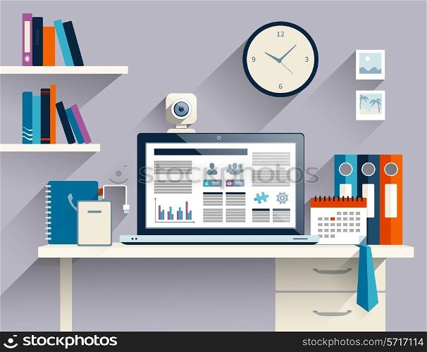 Office workstation with notebook web camera and stationery flat vector illustration