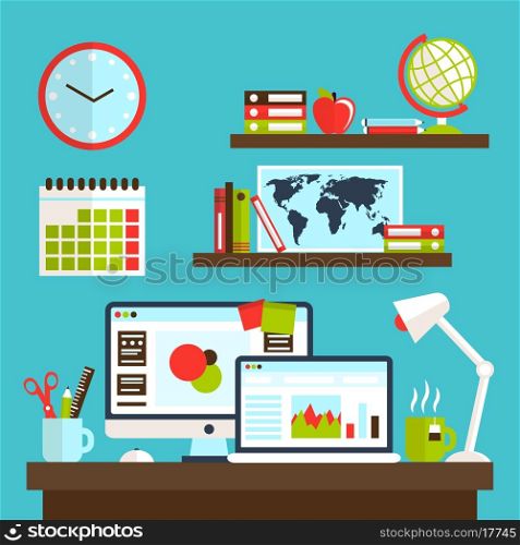 Office workstation with personal computer lamp and stationery vector illustration