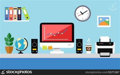 Office workstation with personal computer speakers paper folders printer flat design vector illustration