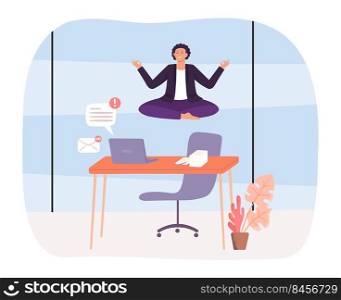 Office yoga. Employee sitting in lotus position. Worker levitating over desktop with laptop. Character receiving notifications and calming down stress. Meditation during working day vector. Office yoga. Employee sitting in lotus position. Worker levitating over desktop with laptop. Character receiving notifications
