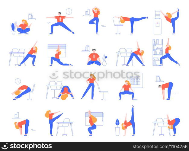 Office yoga exercises. Fitness and yoga workout for office workers, relaxing and stretching in office space vector illustration set. Asana practice at workplace. Meditation, zen, healthy lifestyle. Office yoga exercises. Fitness and yoga workout for office workers, relaxing and stretching in office space vector illustration set. Warming up for clerks. Sport training and asanas at workplace