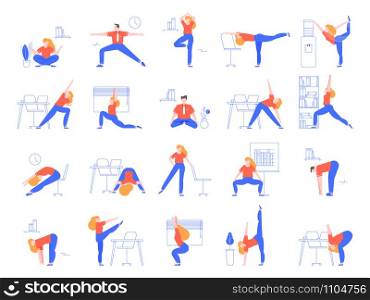Office yoga exercises. Fitness and yoga workout for office workers, relaxing and stretching in office space vector illustration set. Asana practice at workplace. Meditation, zen, healthy lifestyle. Office yoga exercises. Fitness and yoga workout for office workers, relaxing and stretching in office space vector illustration set. Warming up for clerks. Sport training and asanas at workplace