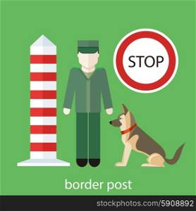 Officer custom control. Customs officer with the dog at the customs post. Concept in flat design. Officer custom control sign