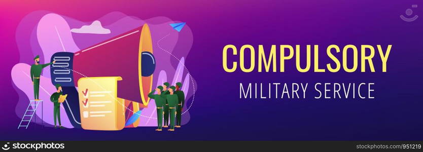 Officer with megaphone recuiting, soldiers saluting, tiny people. Military conscription, compulsory military service, new soldier recruiting concept. Header or footer banner template with copy space.. Compulsory military service concept banner header.