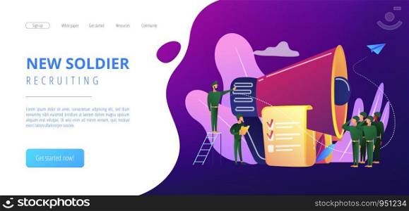Officer with megaphone recuiting, soldiers saluting, tiny people. Military conscription, compulsory military service, new soldier recruiting concept. Website vibrant violet landing web page template.. Compulsory military service concept landing page.