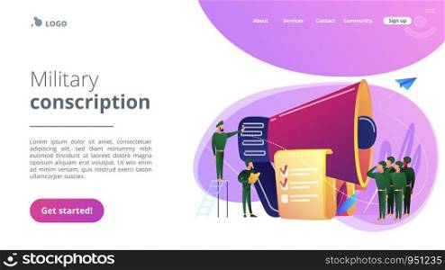 Officer with megaphone recuiting, soldiers saluting, tiny people. Military conscription, compulsory military service, new soldier recruiting concept. Website vibrant violet landing web page template.. Compulsory military service concept landing page.