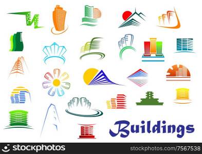 Offices and residential buildings icons in modern style depicting urban office, apartment blocks and high-rise architecture. Set of colorful vector building icons