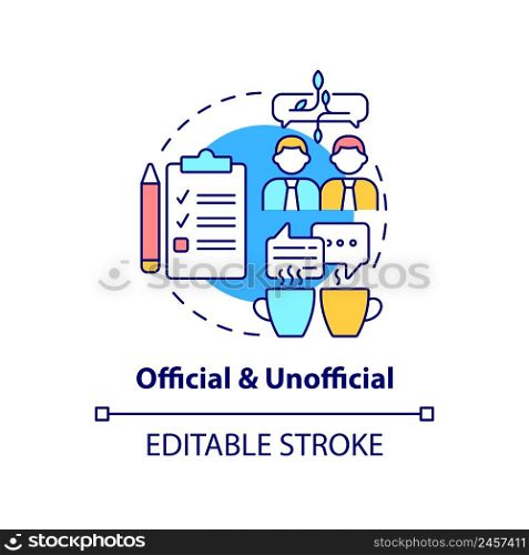 Official and unofficial concept icon. Project communication management abstract idea thin line illustration. Isolated outline drawing. Editable stroke. Arial, Myriad Pro-Bold fonts used. Official and unofficial concept icon
