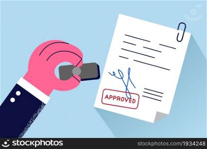 Official approval and legislation concept. Human hand stamping official document signed and approved with official information legislated vector illustration . Official approval and legislation concept
