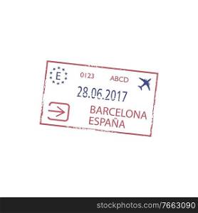 Official arrival st&to Barcelona airport isolated. Vector immigration seal, plane and departure date. Barcelona airport arrival or departure visa st&