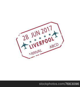 Official arrival st&to Liverpool UK isolated. Vector immigration seal, Liverpool John Lennon Airport, LPL. Liverpool airport arrival visa st&with date