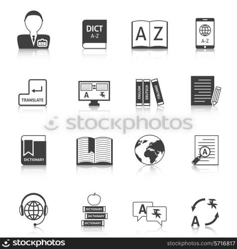 Official documents translation for legal equivalence and online english dictionary black icons collection abstract isolated vector illustration