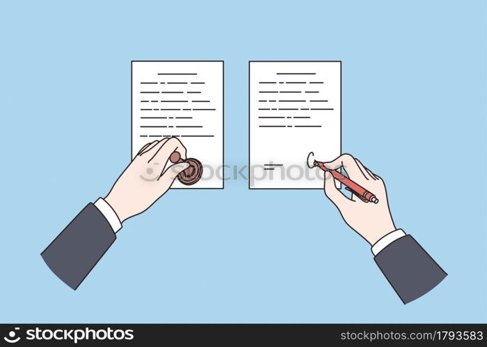 Official Notarization of documents concept. Hands of notary holding stamp and making signature on papers on blue background isometric vector illustration, top view . Official Notarization of documents concept