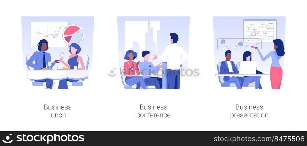Offline business events isolated concept vector illustration set. Company workers at business lunch, conference event in office, marketing strategies discussion and presentation vector cartoon.. Offline business events isolated concept vector illustrations.