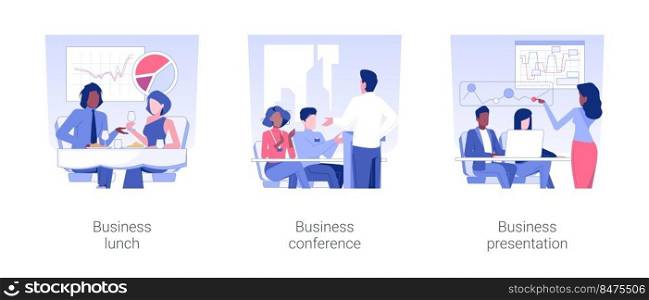 Offline business events isolated concept vector illustration set. Company workers at business lunch, conference event in office, marketing strategies discussion and presentation vector cartoon.. Offline business events isolated concept vector illustrations.