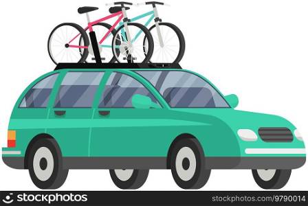 Offroad car with bicycle on roof vector isolated automobile transport. Car tourism concept. Time to travel illustration. Crossover with two bicycles mounted on roof rack. Modern station wagon car. Offroad car with bicycle on roof vector isolated automobile transport. Car tourism concept