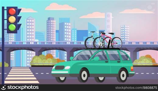 Offroad car with bicycle on roof vector isolated automobile transport. Car tourism concept. Time to travel illustration. Crossover with two bicycles mounted on roof rack. Modern station wagon car. Offroad car with bicycle on roof vector isolated automobile transport. Car tourism concept