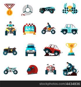 Offroad Icons Set . Offroad icons set with cars bikes and awards flat isolated vector illustration