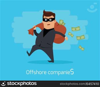 Offshore Companies Concept Flat Design Vector. Offshore companies concept vector. Flat design. Financial crime, tax evasion, money laundering, political corruption illustration. Man in a business suit, in mask carrying a bag of money on back.